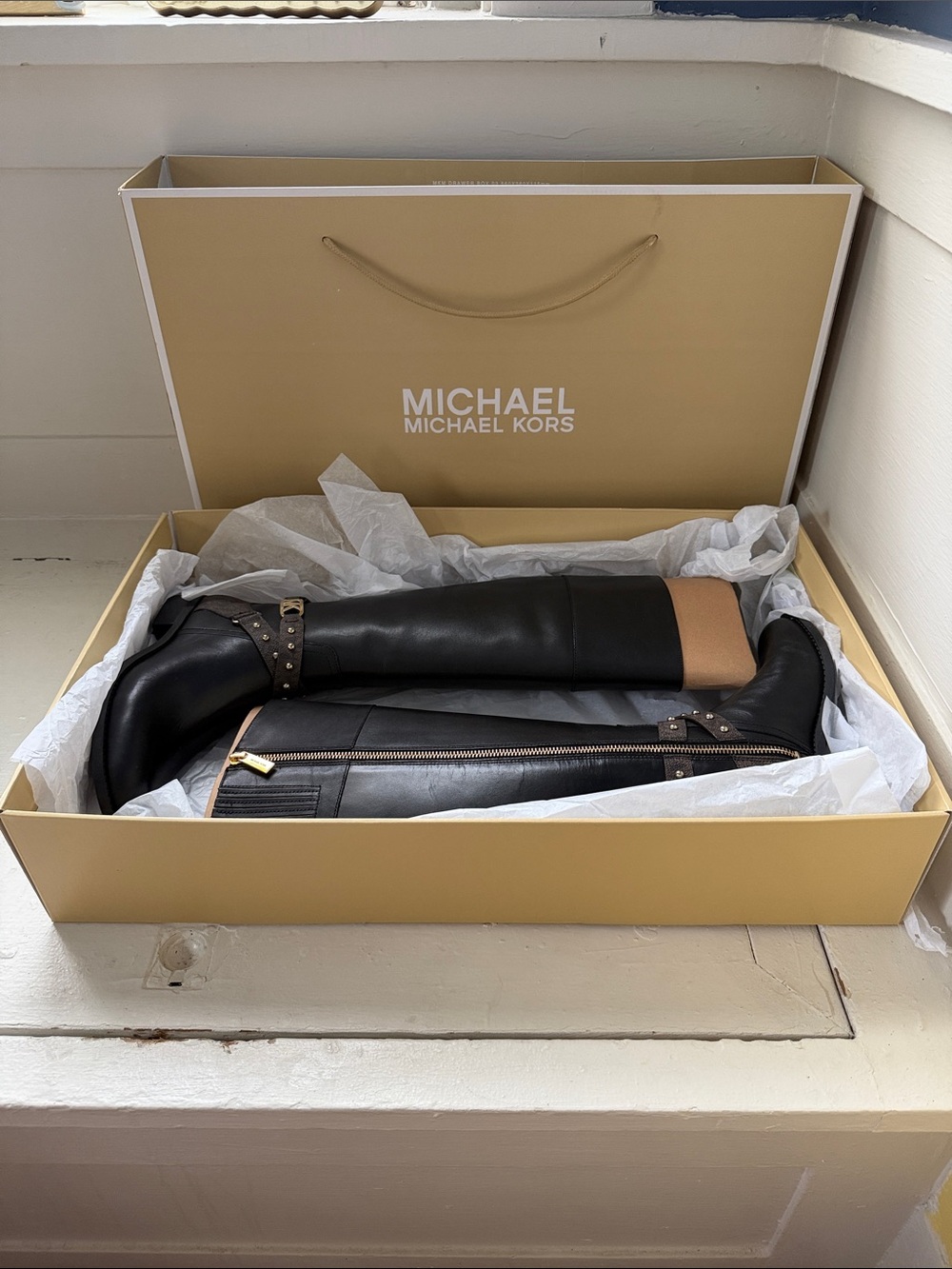 Michael Kors Black and Tan Leather Wide-leg Knee-High Heeled Boots—New with Tags
